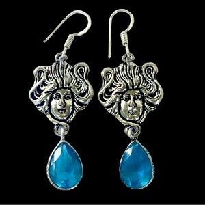 Swiss Blue Topaz Gemstone Earrings Art Nouveau Ladies Drop Dangle Pierce